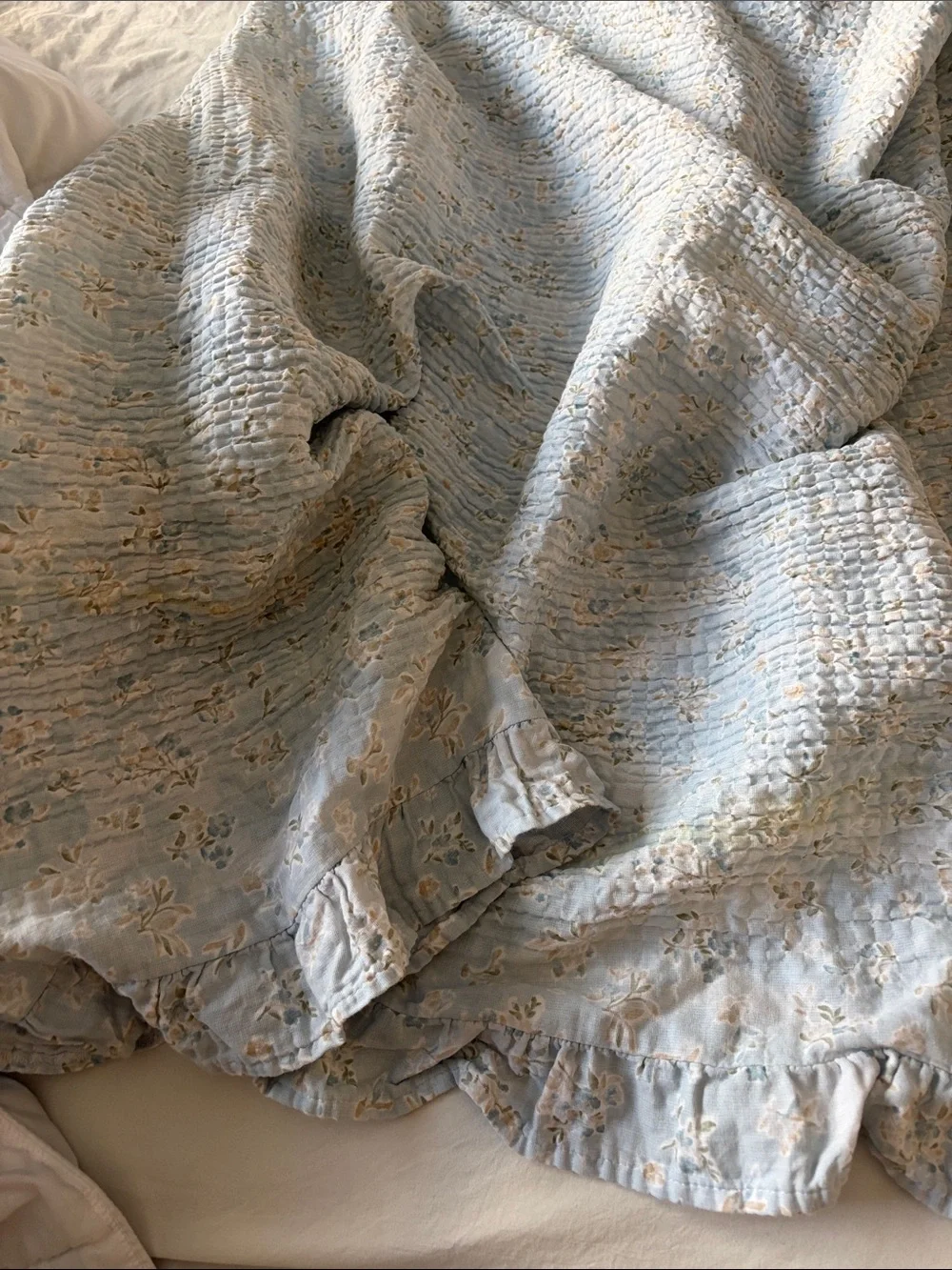 unique and beautiful Light Blue Floral Quilted  shower curtain with Ruffle Trim